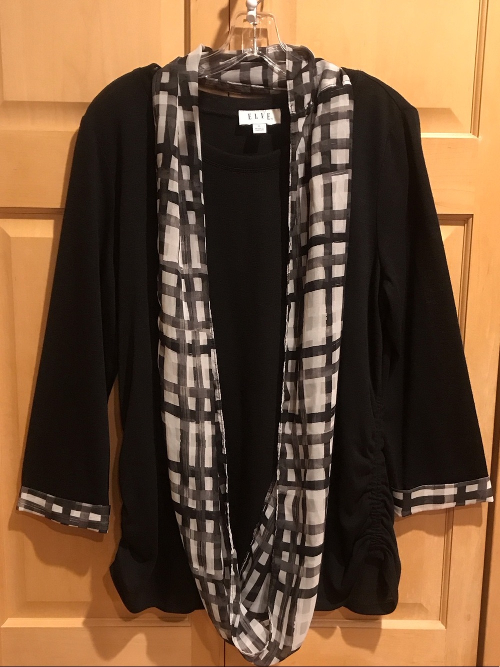 New ELLE Black Cardigan with Black & White Plaid Trim & Scarf